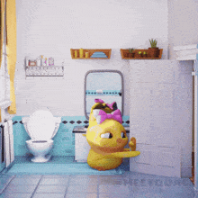 a yellow duck with a purple bow is in a bathroom
