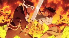 two cartoon characters are fighting with swords in front of flames