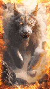 a white lion with horns and yellow eyes is surrounded by fire