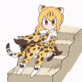a cartoon of a girl dressed as a leopard sitting on a set of stairs .