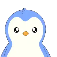 a blue and white penguin with a pink cheek is smiling