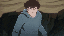 a man in a blue hoodie is standing in front of a mountain