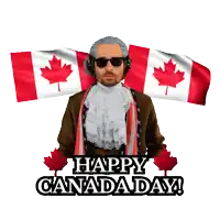 a man wearing headphones and a ruffled lapel says happy canada day