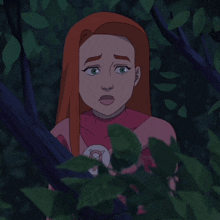 a cartoon drawing of a woman with long red hair and green eyes