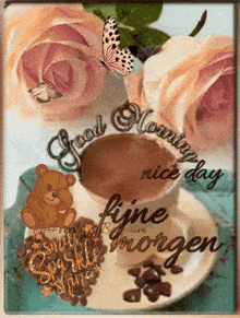 a greeting card with a cup of coffee and roses says good morning nice day