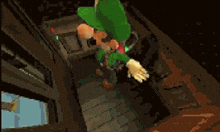 a green cartoon character is standing in a dark room .