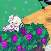 a cartoon character is sitting on a tree branch with purple flowers .