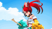 a girl with red hair is holding a piece of paper that says ' i love you '