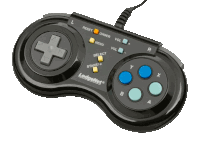 a black lodgenet video game controller with blue and yellow buttons on a white background