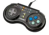 a black lodgenet video game controller with blue and yellow buttons on a white background