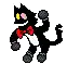 a pixel art of a black cat with a red bow tie .