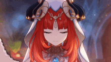 a girl with red hair is wearing a white robe and a necklace