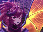 a close up of a purple anime character with wings and horns