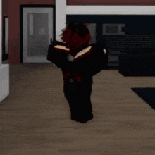 a person in a video game is standing in a living room holding two boxes .