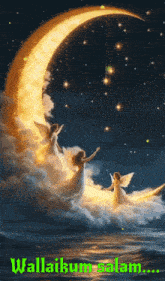 a painting of two angels sitting on a crescent moon with the words " wallaukum malam " below them