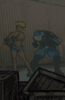 a man and a woman are standing next to each other in front of a wall