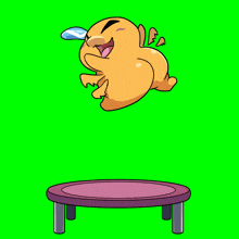 a cartoon character jumping on a trampoline with a green background