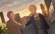 two anime characters giving each other a high five in front of buildings