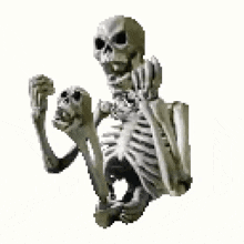 a pixel art of a skeleton with two skulls on its feet .