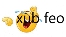 a cartoon smiley face is laughing with tears coming out of its eyes and the words xub feo written below it .
