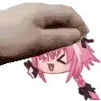 a hand is holding a pink haired anime girl 's head over a white surface .