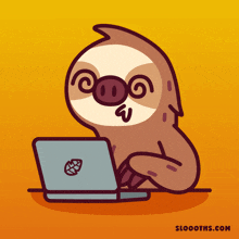 an illustration of a sloth using a laptop with the website sloooths.com written below it