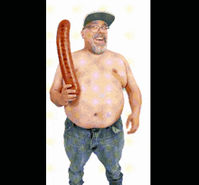 a shirtless man with glasses and a hat is holding a long sausage