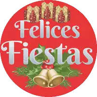 a red sign that says felices fiestas with gifts and bells