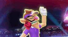 a cartoon character wearing a purple shirt and a hat is dancing in a stadium .