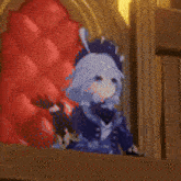 a pixel art of a girl sitting on a red couch .