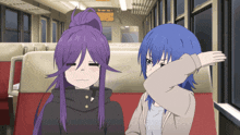 two anime girls with purple hair are sitting next to each other on a train