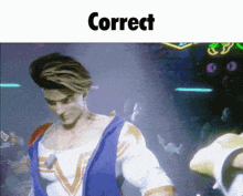a man in a white shirt and blue vest is dancing in front of a correct sign