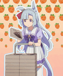 a girl in a purple dress is holding a stack of carrots