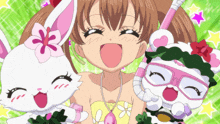 a girl is surrounded by two rabbits one of which is wearing glasses