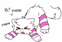 a drawing of a cat with pink striped socks and the word meow written on it .