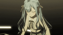 a girl with long blue hair stands in front of a piano