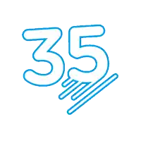 a blue line drawing of the number 35 with a hand reaching out