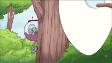 a cartoon character from regular show is peeking out of a tree