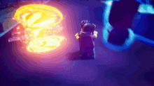 a person standing in front of a glowing object that looks like a lightning bolt