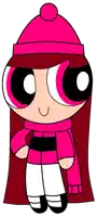 a cartoon girl wearing a pink hat and scarf .