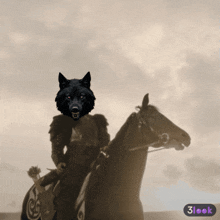 a man riding a horse with a wolf 's head on his back