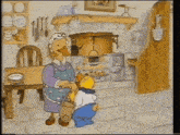 a cartoon of a duck and a boy standing in front of a fireplace