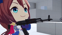 a cartoon girl is holding a gun and smiling .