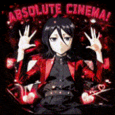 a girl in a red jacket is sitting in front of a sign that says " absolute cinema "