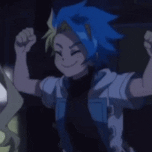 a person with blue hair is smiling and flexing their muscles .