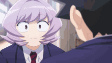 a girl with purple hair is looking at a man