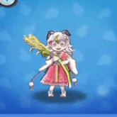 a cartoon girl in a pink dress is holding a broom