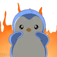 a penguin with its arms outstretched is surrounded by flames and the word penguin is below it