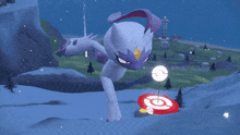 a cartoon character is standing on a snow covered hill