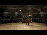 a cartoon character is standing in a boxing ring surrounded by masks